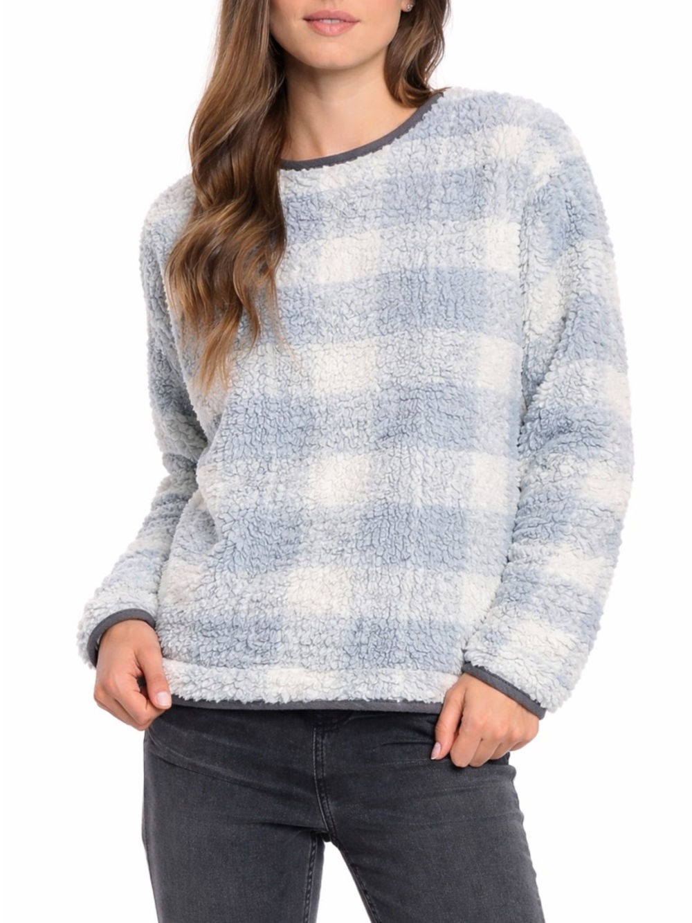NWT DYLAN Frosty Blue and White Plaid Striped Faux Fur/Sherpa Pullover. Size M